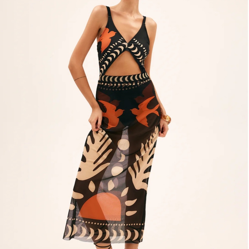Bird Print Black and Orange One Piece Swimsuit AND Coverup, XS